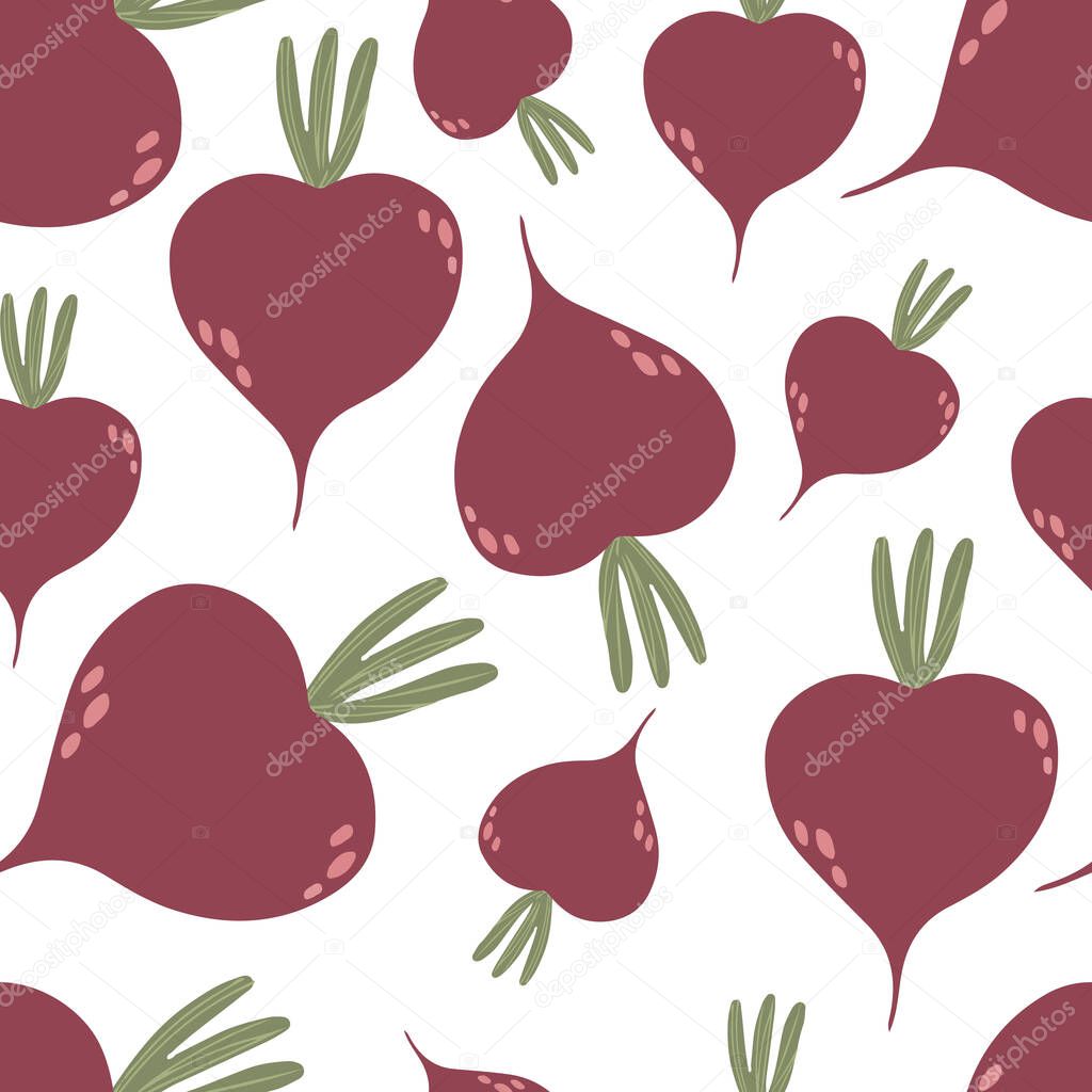 Seamless pattern with beets in cartoon style on white. Vegetable pattern. Vector. Wrapping paper, wallpaper. Organic food.