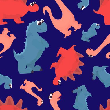 Kusursuz desen. Mavi arka planda sevimli dinozorlar. Vektör. Çizgi film tarzında çizilmiş. Çocuk resimleri, duvar kağıtları, kapaklar, ambalaj kağıtları için uygun..