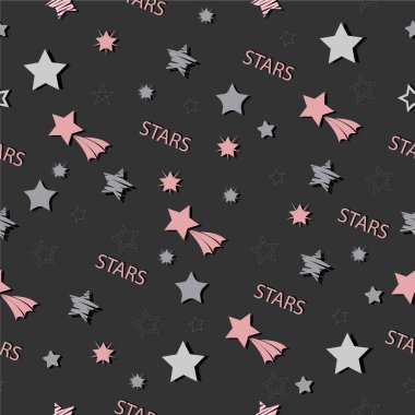 Kusursuz Yıldızlar Düzeni. Gri arka plan, pembe elementler. Dekorasyona uygun. Herhangi bir kumaş. Çocuk odasına gidiyoruz. Tasarım ambalajı için.