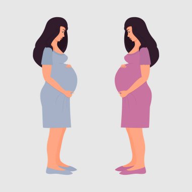 Uzun profilli iki hamile kadın. Bebek bekleyen kızlar. Mavi ve pembe elbiseli. Bir kız ve bir erkek bekliyorum. Vektör. Düz çizgi film tarzı. Beyaz arkaplanda izole