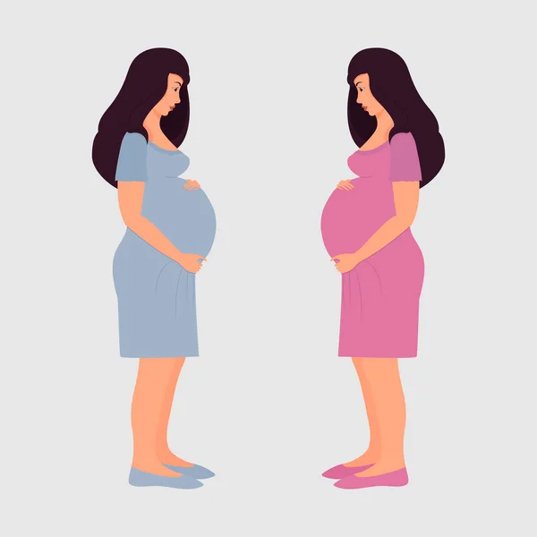 两名孕妇全身上下都是女孩怀孕了 蓝色和粉色的衣服 在等一男一女病媒 平坦的卡通风格 因白人背景而被隔离 — 图库矢量图片