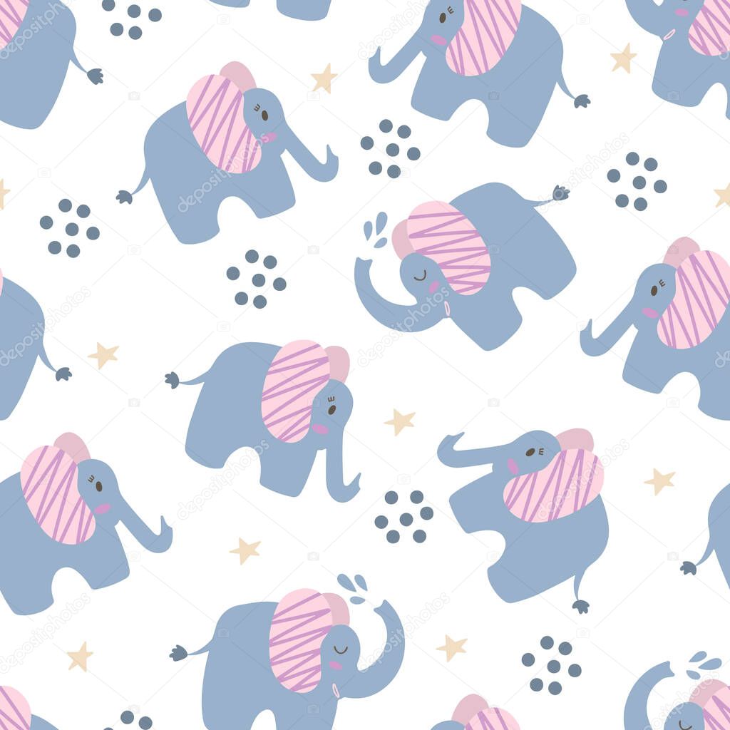 Seamless background with cute elephant. Decorative cute wallpaper for the nursery in the Scandinavian style. Suitable for children's clothing, interior design, packaging, printing