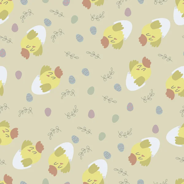 Seamless pattern with chicken and eggs. Decorative wallpaper for the nursery in the Scandinavian style. Vector. Suitable for children's clothing, interior design, packaging, printing