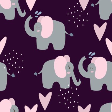 Kalpli şirin fillerle kusursuz bir arka plan. İskandinav tarzında çocuk odası için dekoratif duvar kağıdı. Çocuk kıyafetleri, iç tasarım, ambalaj, baskı için elverişli