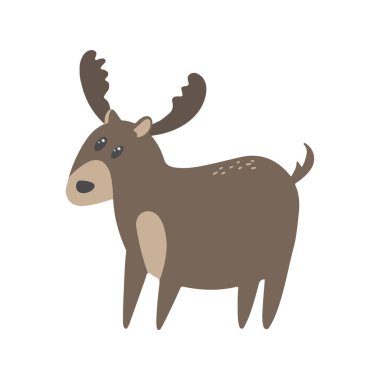 Çocuk kıyafetleri, iç tasarım, ambalaj, çıkartmalar üzerine baskı yapmak için çizilmiş karikatür elli bir geyikle renkli bir tasvir. Beyazda izole edilmiş.