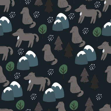 Kurt 'la kusursuz bir düzen. Çocuk odası için İskandinav tarzında dekoratif duvar kağıdı. Vektör. Çocuk kıyafetleri, iç tasarım, ambalaj, baskı için elverişli