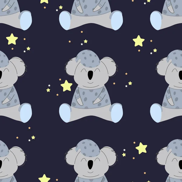 Koala Blauen Schlafanzug Unter Den Sternen Nahtloses Muster Dekorative Tapeten — Stockvektor