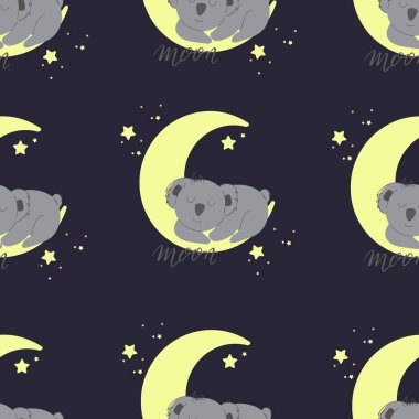 Yıldızların arasında Ay 'da uyuyan koala. Kusursuz desen. Çocuk odası için İskandinav tarzında dekoratif duvar kağıdı. Vektör. Çocuk kıyafetleri, iç tasarım ve ambalaj için uygun.