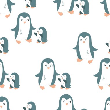 Sevimli penguenler anne ve bebek. Çizgi film tarzında çocuk şablonu. Baskı, tekstil, ambalaj kağıdı, duvar kağıdı için vektör illüstrasyonu