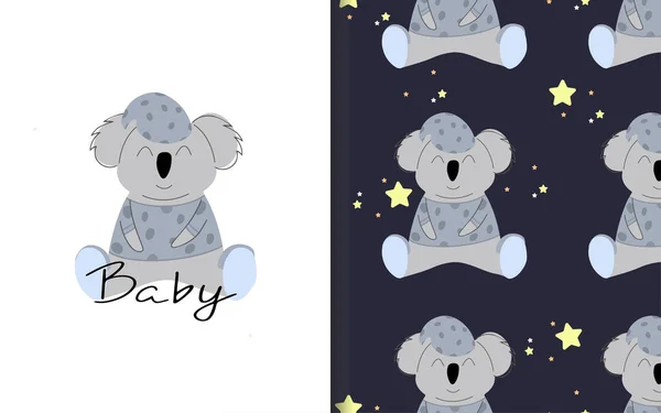 Koala Blå Pyjamas Uppsättning Vektor Sömlösa Bakgrunder Och Illustrationer Barnens — Stock vektor