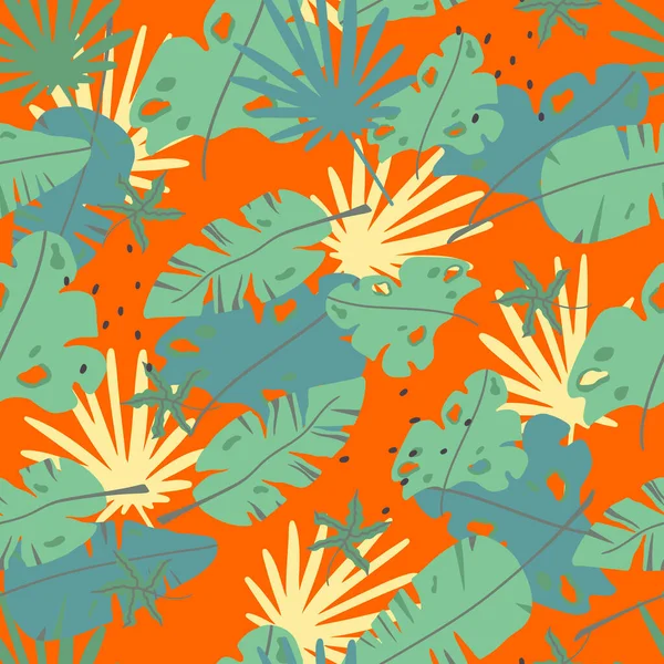 Тропический Бесшовный Фон Большие Листья Оранжевом Векторная Иллюстрация Стиле Мультфильма — стоковый вектор