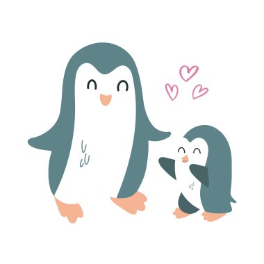 Penguen anne ve bebek. Vektör çocuk çizimi. Beyazda izole edilmiş. Yazdırma, çocuk odası dekorasyonu için.
