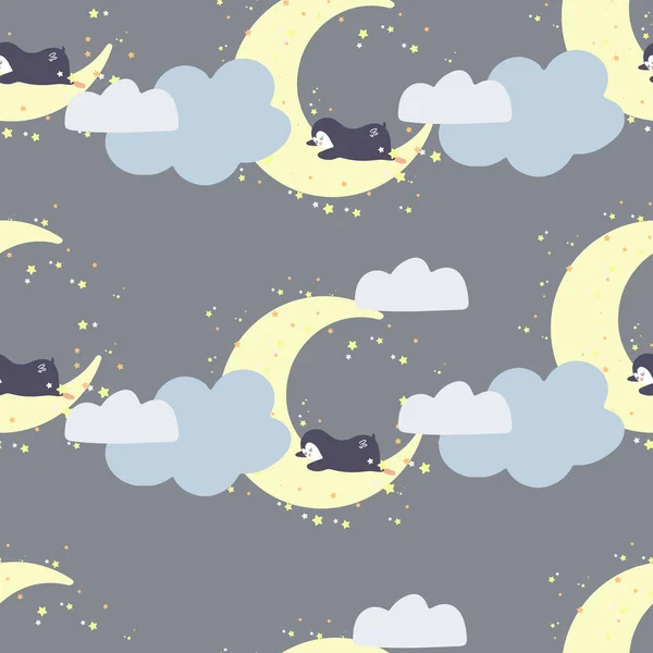 Χαριτωμένοι Πιγκουίνοι Κοιμούνται Στα Σύννεφα Απρόσκοπτη Φόντο Χαριτωμένα Ζώα Διακοσμητική — Διανυσματικό Αρχείο