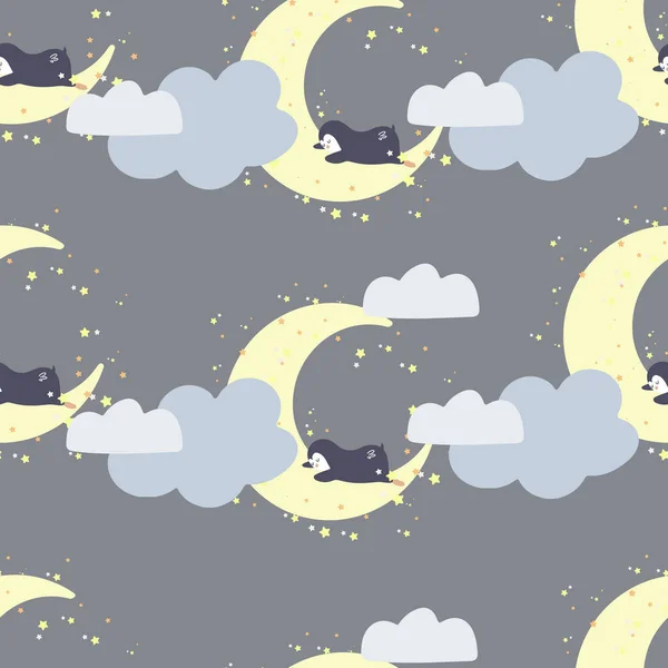 可爱的企鹅睡在云中 无缝隙的背景与可爱的动物 幼儿园装饰墙纸 适用于儿童服装 室内设计 免版税图库矢量图片