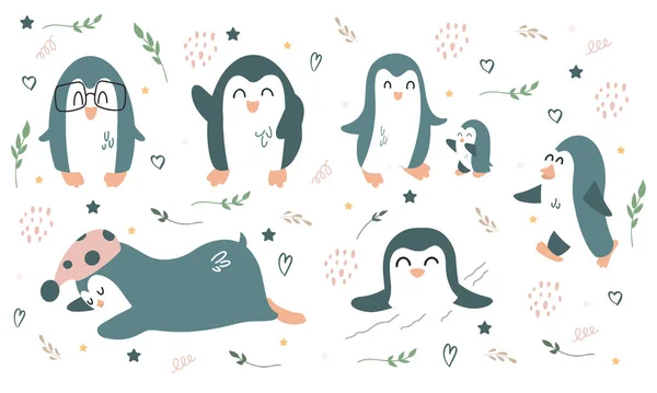 Set Penguins Cartoon Style Vector Children Illustration Isolated White Printing — Stock Vector