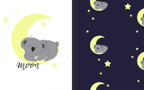 考拉睡在月亮上一组矢量无缝背景和插图 卡通画儿童插图 用于服装印刷 室内设计 免版税图库插图
