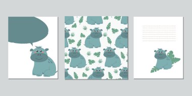 Hipopotamların olduğu bir dizi vektör bebek kartı. Çocuk partisi için metin şablonları, bebek partisi, kartpostallar, davetiyeler, diplomalar