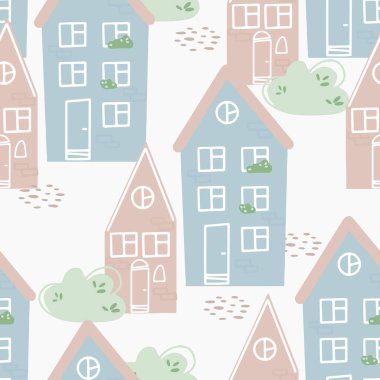 Beyaz arka planda çizgi film tarzında evler var. Baskı, tekstil, duvar kağıdı, ambalaj kağıdı için vektör illüstrasyonu