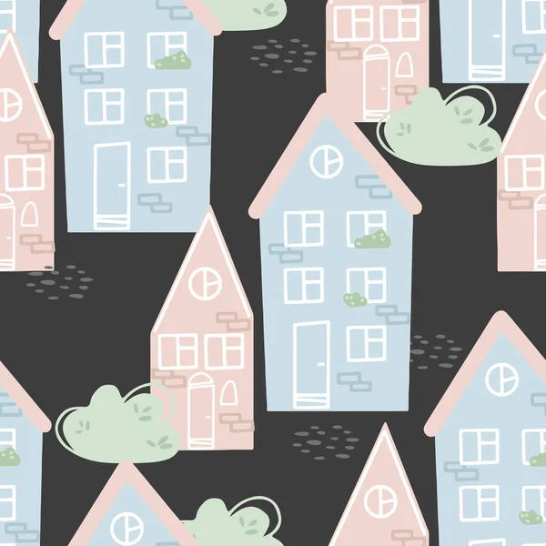Seamless pattern with houses in cartoon style on a black background. Vector illustration for print, textile, wallpaper, wrapping paper