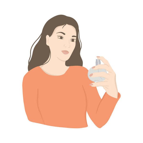 Милая молодая женщина в мультяшном стиле пользуется духами. Векторное изображение в модном минималистском стиле. Для интерьера, печати, декора, одежды, индустрии моды, косметики.