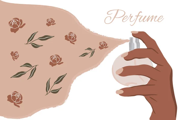 一只美丽的雌手捧着香水 喷出花朵和树叶的芬芳 化妆品的病媒图解 图库插图