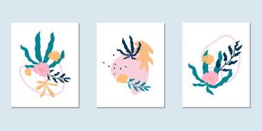 Modern soyut kartpostal şablonları. Vektör çiçek kolajları. Sosyal ağlar, duvar kağıtları, kartlar, baskılar, duvar dekorasyonları için tasarım