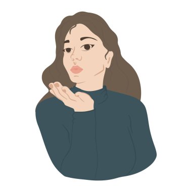 Genç ve güzel bir kadın hava öpücüğü yolluyor. Çizgi film tarzında vektör illüstrasyonu. Beyazda izole edilmiş.