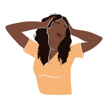 Kafasında elleri olan koyu tenli bir kadının soyut portresi. Moda minimumda illüstrasyon. Vektör illüstrasyonu