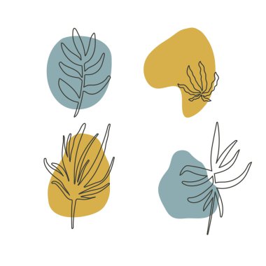 Soyut renkli noktalarda yaprak dalları silueti. Tek sıra halinde bitkiler çizilmiş. Beyaz arkaplanda vektör çizimi izole edildi. Dekorasyon için botanik ögeleri.