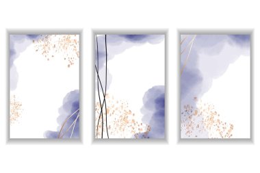 Suluboya lekeleri. Kartpostallar, davetiyeler, kartvizitler için şablonlar. Siyah çizgili ve altın kaplamalı mor renkli soyut vektör arkaplanı.