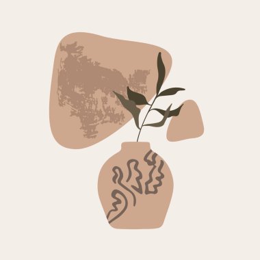 Soyut yaprak ve vazo. Modern minimalist boho tarzı. Duvara basılacak bir poster. Posterler, kartlar, baskılar için vektör resmi