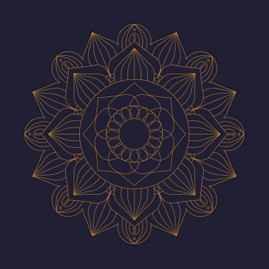 Lüks renklerde yuvarlak mandala. Mavi arka planda altın bir süs. Tasarımınız için vektör illüstrasyonu.