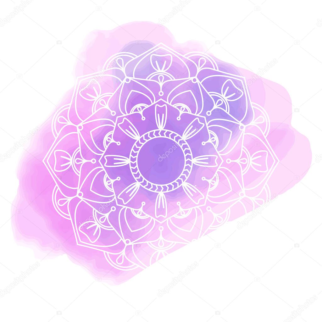 Mandala on a watercolor spot. Oriental drawing. Vector illustration for invitations, congratulations, banners, flyers, business cards.