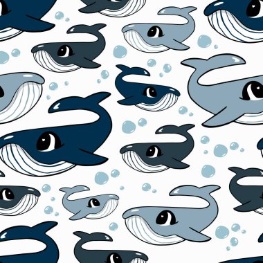 Mavi balina. Çocuk çizgi filmi illüstrasyonu. Kusursuz desenler. Kumaş üzerine baskı, çocuk odası dekorasyonu, ambalaj dekoru için vektör illüstrasyonu.