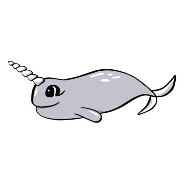 Deniz gergedanı. Çizgi film tarzında vektör illüstrasyonu. Çocuk odalarını süslemek için çıkartma, çıkartma olarak kullanılabilir. Beyaz arkaplanda izole.