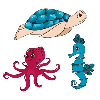 Su altı dünyasının sevimli vektör tasarım elementleri. Çizgi film tarzında vektör illüstrasyonu. Çocuk odalarını süslemek için çıkartma, çıkartma olarak kullanılabilir. Ahtapot, kaplumbağa, deniz atı.