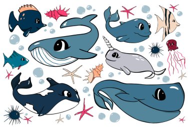 Su altı dünyasının sevimli tasarım elementleri. Çizgi film tarzında vektör illüstrasyonu. Çocuk odalarını süslemek için çıkartma olarak kullanılabilir..
