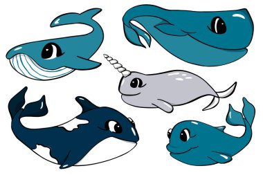 Vector cute set of design elements of the underwater world. Vector illustration in cartoon style. Can be used as stickers, decals, to decorate children's rooms. Whales, dolphin, narwhal.