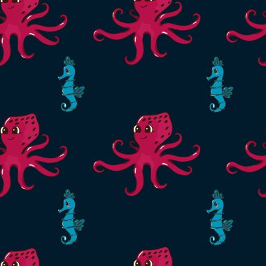 Su altı dünyası. Çocukların kusursuz kalıpları. Vektör çizimi. Kumaşlar, çocuk albümleri ve kartpostallar için uygun..