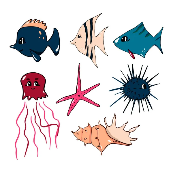 Vector Cute Set Design Elements Underwater World Vector Illustration Cartoon — Vector de stock