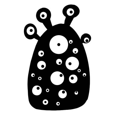 Canavarlar. Çocuk vektör illüstrasyonu. Kumaşlar, kapaklar, parmak izleri, çıkartmalar için. Şeffaf arkaplanda siyah beyaz siluet.