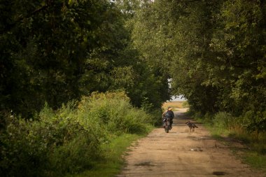 Bisikletli insanlar ve ormanda koşan bir köpek.