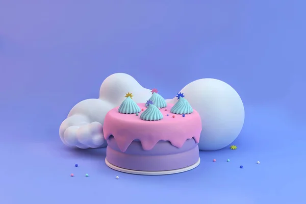 Yıldönümü pastası çok az pastel ve tüylü bulutlar dekoratif fantezi 3D resim.