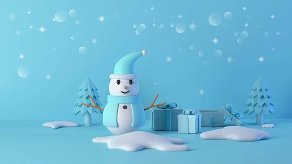 Mavi kardan adam hediye kutusuyla Noel ve yeni yıl için 3D hazırlıyor.. 