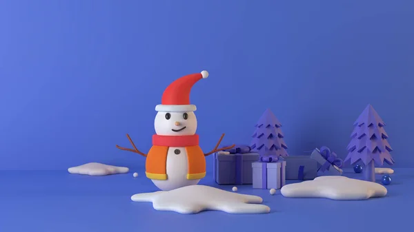 Blauer Schneemann Mit Der Geschenkbox Rendering Für Weihnachten Und Neujahr — Stockfoto