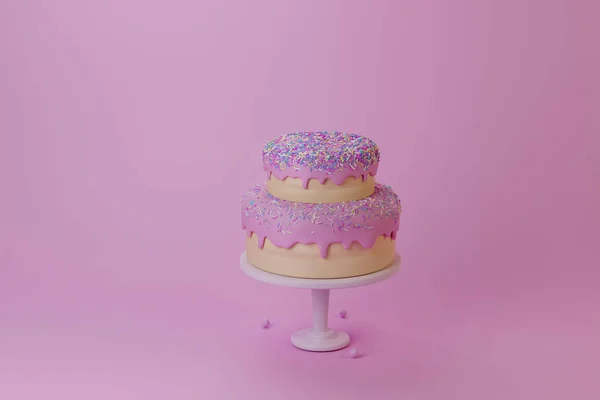 Minimal pink cake anniversary and sprinkles pastel on stand 3d illustration.
