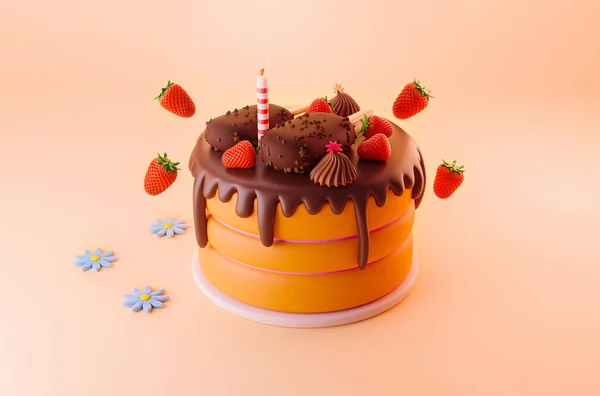 Gâteau Chocolat Réaliste Anniversaire Concept Célébration Avec Des Fraises Rouges — Photo