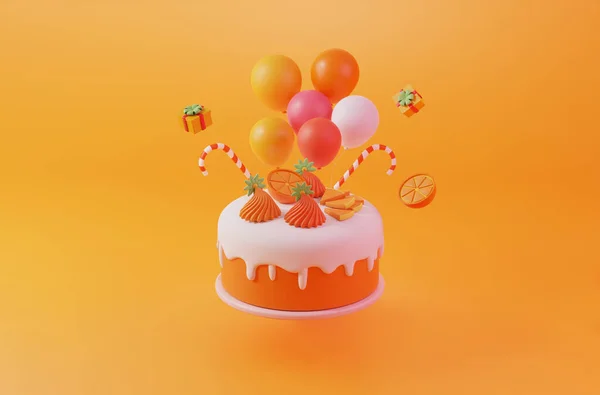 かわいいギフトとカラフルな風船で飛ぶオレンジケーキの誕生日 記念日 イベントパーティーの楽しみ3Dイラストグリーティングカード — ストック写真