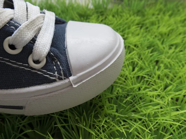 Classic sneakers on the green lawn — Stock Photo, Image