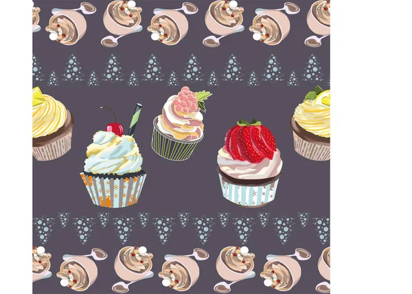 Carte Illustration Vectorielle Pourpre Avec Muffins Desserts Café — Image vectorielle